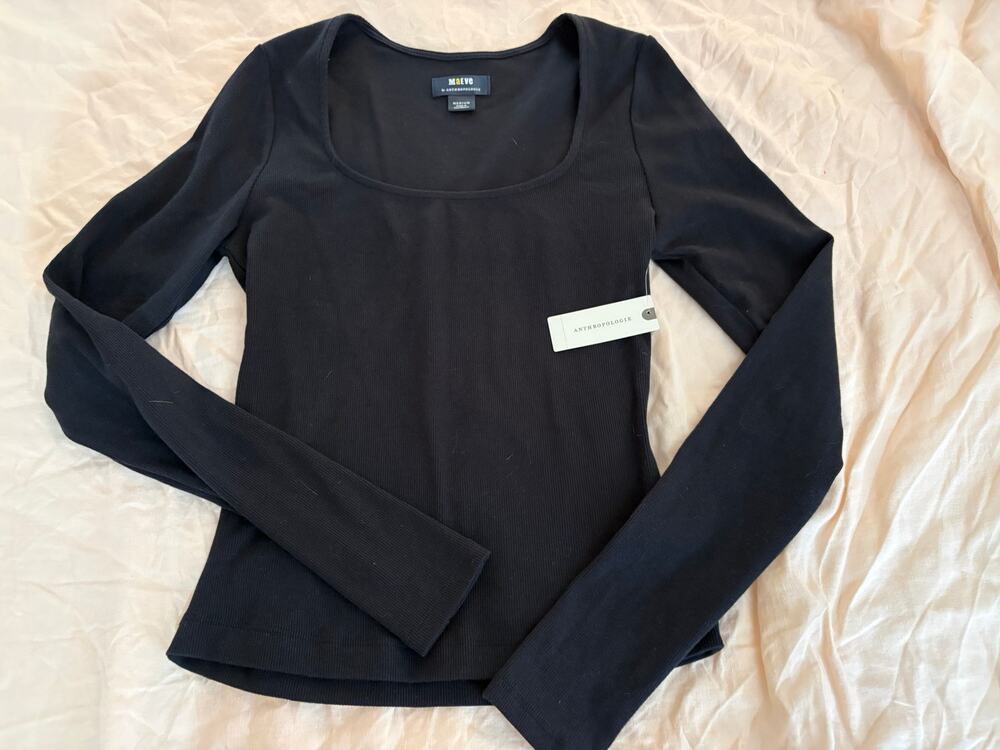 Maeve Anthropologie Black Ribbed Scoop Neck Long Sleeve Basic Minimalist Tee